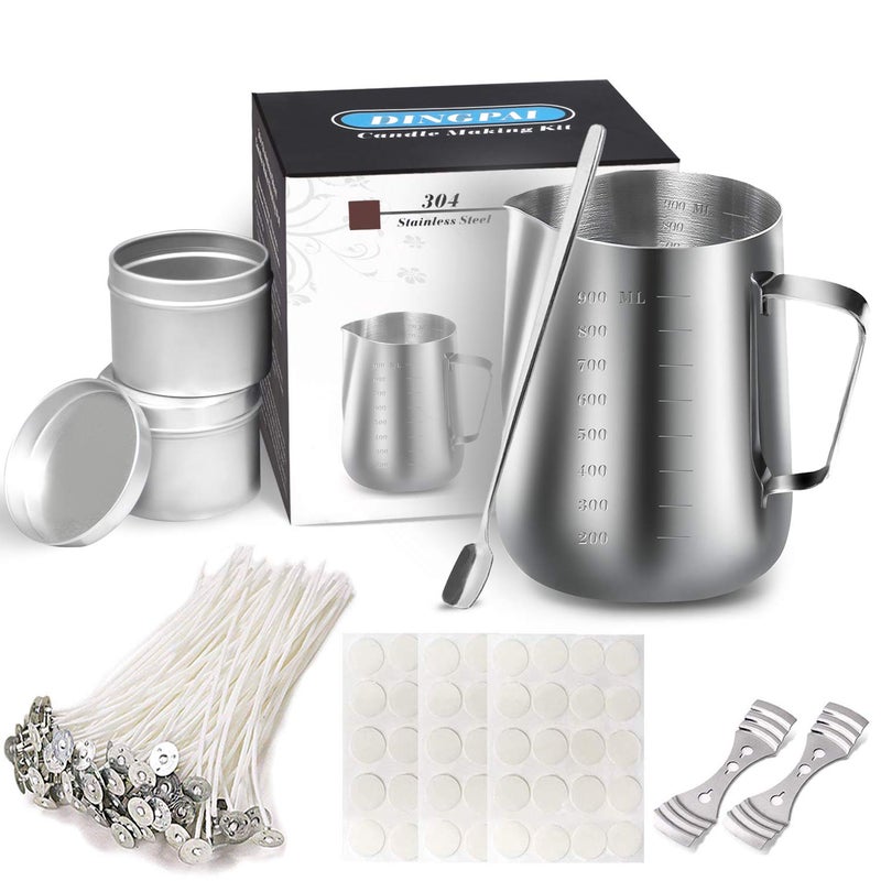 DINGPAI Candle Making Supplies, DIY Candles Craft Tools Including Candle Make Pouring Pot, Candle Wicks, Candle Wicks Sticker, 3-Hole Candle Wicks Holder, Candle Tins and Spoon - Image 1